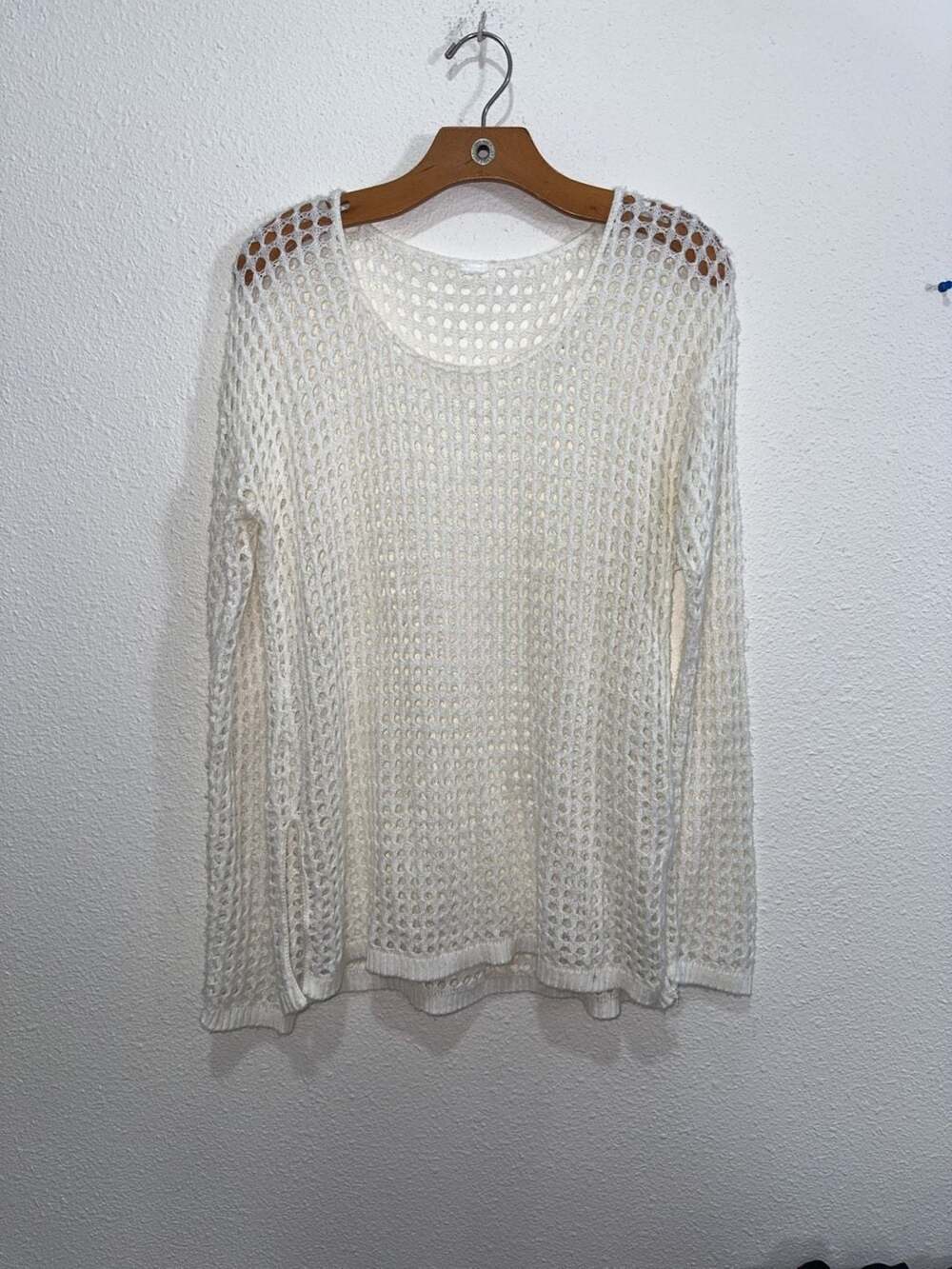 White Open Knit Crochet Long Sleeve Sweater